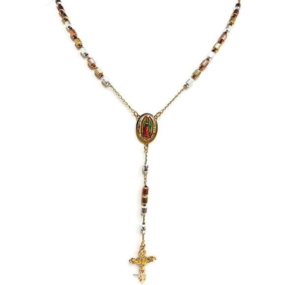 Raf Rossi Gold Plated Jewelry - Virgin Guadalupe Colorful Image TriColor Rosary